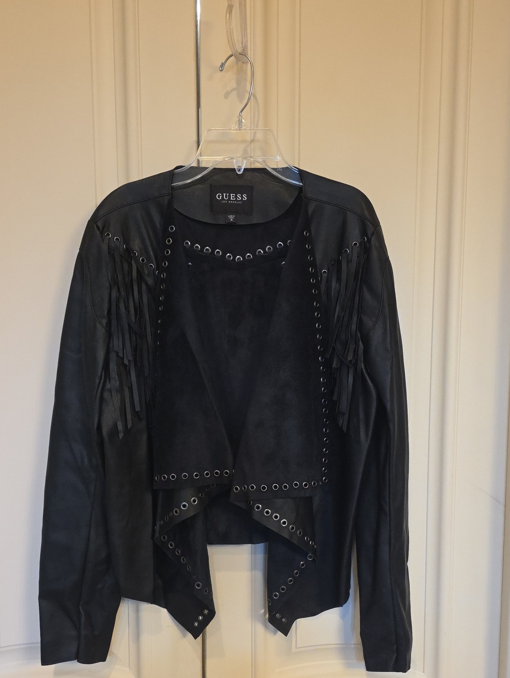 GUESS Black Fringe Eyelet Faux Leather Draped Jacket